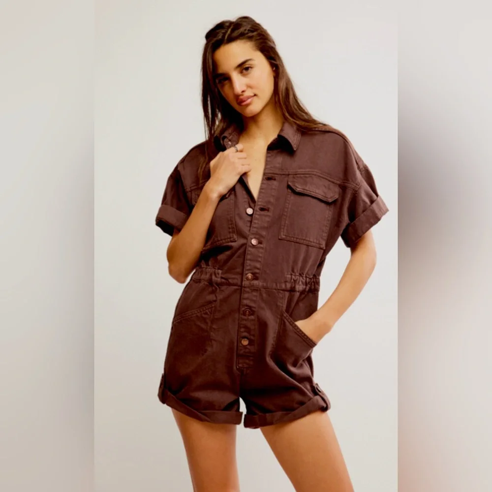 Free People Brown Short-Sleeve Denim Romper - Picture 1 of 16